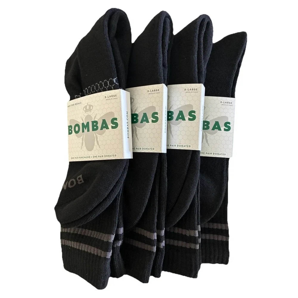 BOMBAS Socks Men's XL Black Gray Stripe Calf Logo (US 13.5-16) NEW Lot‎ Of 4